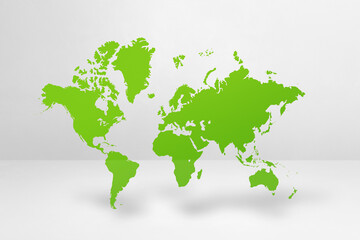 Green world map on white wall background. 3D illustration