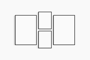 Gallery wall mockup. Set of 4 black frames. Gallery wall frame mockup. Two 50x70 (5:7) and two 30x40 (3:4) black frames.
