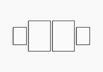 Gallery wall mockup. Set of 4 black frames. Gallery wall frame mockup. Two 50x70 (5:7) and two 30x40 (3:4) black frames.
