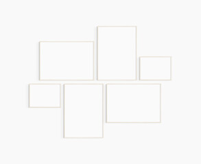 Gallery wall mockup. Set of 6 light wood frames. Gallery wall frame mockup. Two 50x70 (5:7), two 70x50 (7:5), and two 40x30 (4:3) wooden frames.