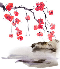 Watercolor blossom plum tree