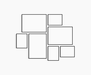 Gallery wall mockup. Set of 7 black frames. Gallery wall frame mockup. One 50x70 (5:7), two 70x50 (7:5), two 30x40 (3:4), and two 40x30 (4:3) black frames.