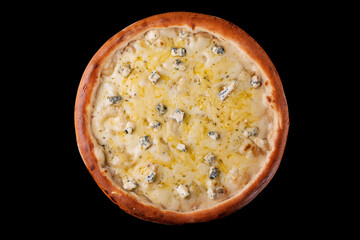 pizza with different types of cheese top view on a black background