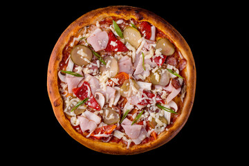 pizza with barbecue sausages ham cucumbers pepper top view on black background