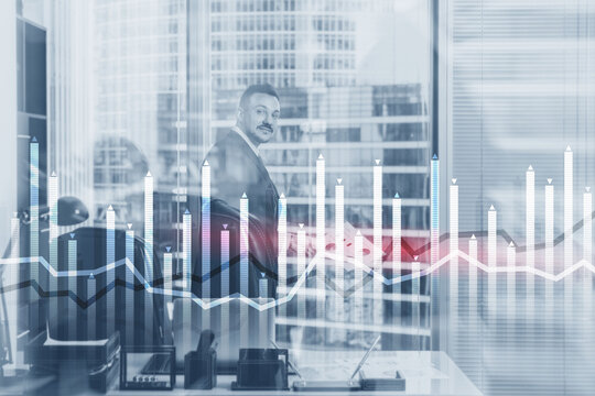 Bar graph on the background of a business center with a manager at the window