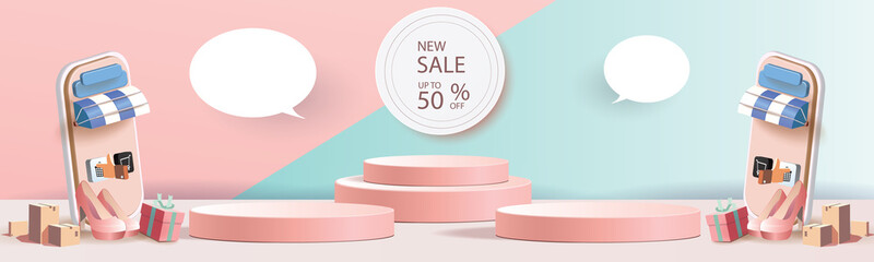 online shopping on phone buy sell business digital  web banner application money advertising payment ecommerce vector illustration search