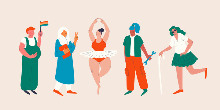 Women who have been discriminated against on the basis of gender, religion, sexual orientation. Pregnant lesbian, overweight ballerina, auto mechanic woman. Vector isolated characters in trend style.