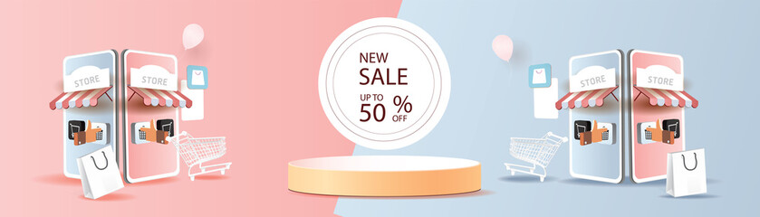 online shopping on phone buy sell business digital  web banner application money advertising payment ecommerce vector illustration search