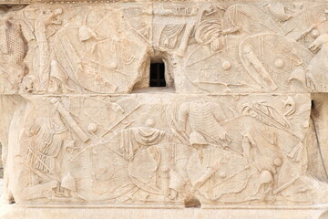 Sculpted Trajan's Column Detail with Soldier's Shields and Clothing, in Rome, Italy