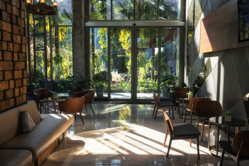 Luxury interior design with outdoor garden at sunrise