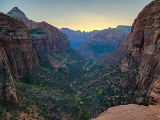 Canyon overlook trail during sunset at Zion National Park Utah
