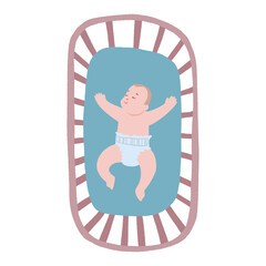 Cute little baby in crib. Infant in bed sleep peacefully. Healthy sleep at night.