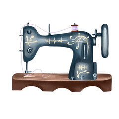 Watercolor vintage sewing kit, mannequin, scissors, needle reel, fabric, button. Creating a logo of a sewing studio, tailors