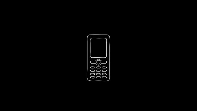 white linear old cell phone silhouette. the picture appears and disappears on a black background.
