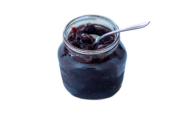 Sour cherry jam in glass jar, isolated on white background.