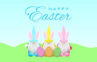 Happy Easter concept with bunny eared gnomes and striped eggs in nature. Soft cheerful spring colors. Greeting text in blue sky.