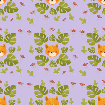 Seamless pattern with fox and leaves of monstera