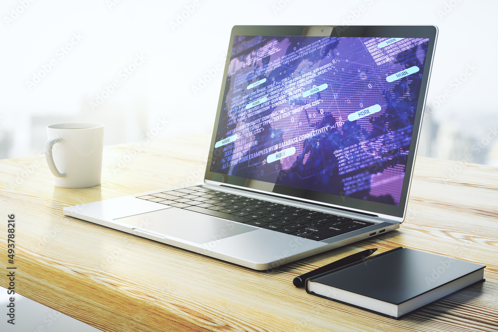 Poster abstract creative coding concept with world map on modern laptop screen. 3d rendering