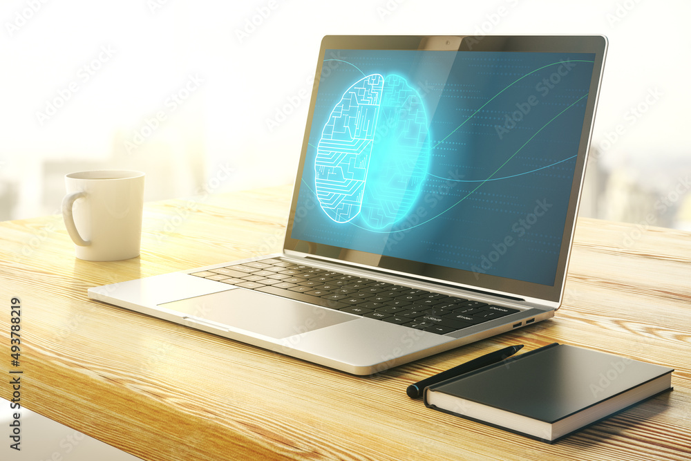 Poster modern computer display with creative human brain microcircuit. future technology and ai concept. 3d