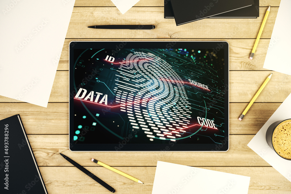 Fototapete Modern digital tablet monitor with abstract creative fingerprint hologram, research and development concept. Top view. 3D Rendering