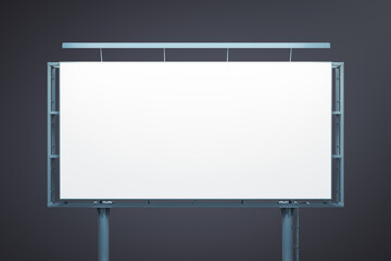 Blank white billboard isolated on dark background, front view. Mockup, 3D Rendering