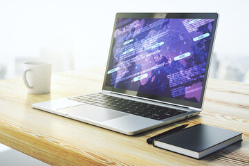 Abstract creative coding concept with world map on modern laptop screen. 3D Rendering