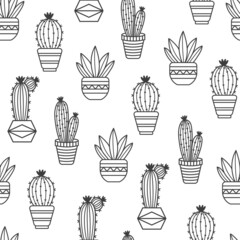 Seamless pattern with potted cactus. Houseplant in potted. Succulent vector pattern. Isolated cactus on white background. Houseplant in pot seamless pattern. Exotic design for fabric, paper, cover.