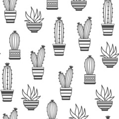 Seamless pattern with potted cactus. Houseplant in potted. Succulent vector pattern. Seamless pattern with house plants in pots. Isolated cactus on white background.