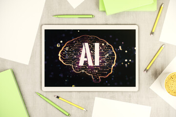 Creative artificial Intelligence concept with human brain sketch on modern digital tablet display. Top view. 3D Rendering