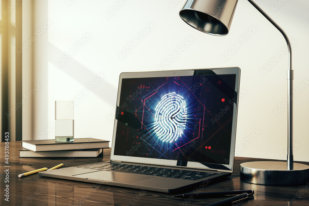 Poster Abstract creative fingerprint hologram on modern computer monitor, protection of personal information concept. 3D Rendering