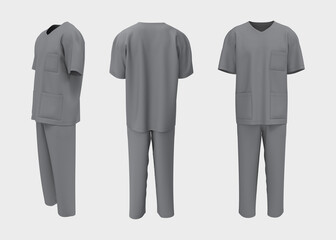 Nurse uniform mockup in front, back and side views. 3d illustration, 3d rendering