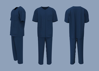Nurse uniform mockup in front, back and side views. 3d illustration, 3d rendering