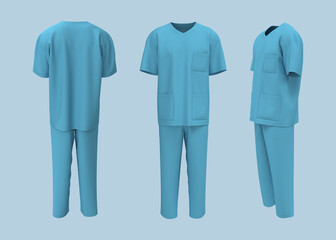 Nurse uniform mockup in front, back and side views. 3d illustration, 3d rendering