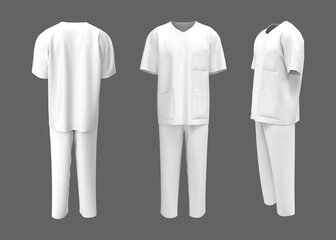 Nurse uniform mockup in front, back and side views. 3d illustration, 3d rendering