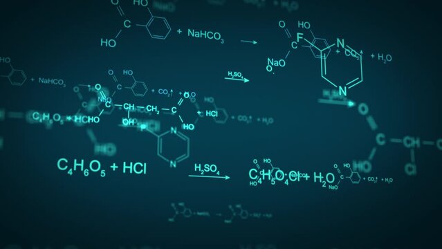 Animation of moving abstract blue chemical formulas consisting of benzene rings, hexagons at blue background. Medical and Science concepts. Seamless loopable background.