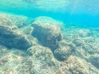 Underwater view of a rocky seabed in Sardinia