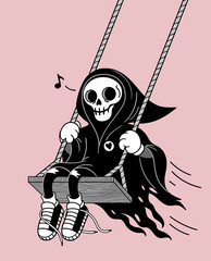 Grim reaper swinging on seesaw. vector illustration in cartoon style
