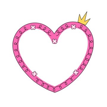 Heart shaped princess mirror with crown and flowers. Photo frame for girls