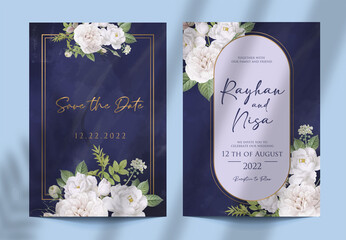 Elegant Navy watercolor wedding invitation with white rose bouquet