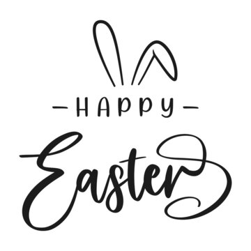 Happy Easter vector lettering with bunny ears. Isolated on white background