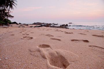Tropical sand beach with footprints.
