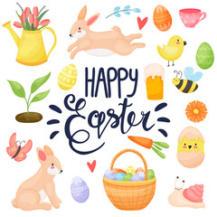 Set of Easter decorative elements. Easter. Flowers, rabbit, colored eggs, Easter cake, cute insects. Vector set suitable for greeting cards.