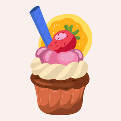 Brownie with custard, cherries, strawberries, orange slice and stick