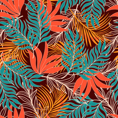 Abstract seamless tropical pattern with bright plants and leaves on a brown background. Beautiful print with hand drawn exotic plants. Jungle leaf seamless vector floral pattern background.