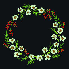 Flower wreath with White flowers and green leaves on a Black background. Design for congratulations, invitations, party, banquet, birthday, booklet, print. Vector isolated illustration