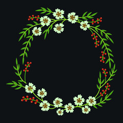 Flower wreath with White flowers and green leaves on a Black background. Design for congratulations, invitations, party, banquet, birthday, booklet, print. Vector isolated illustration