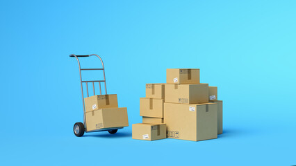 Stack of cardboard boxes with hand truck. Relocation, cargo delivery, logistics and distribution. Warehouse. Minimal composition. 3d illustration. 3d render.