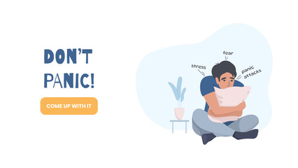 Do not panic banner with a man having a panic attack. For psychologists, help with stress and depression