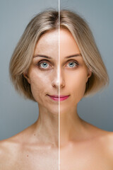 Before and after. Natural beauty. Blonde woman.  No makeup. Grey background.
