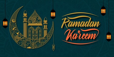 Ramadan Kareem Banner Background Design Illustration with doodle and islamic ornament